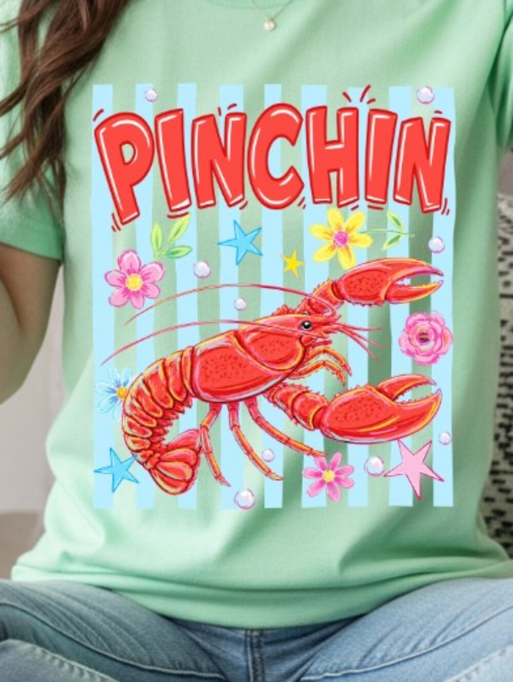 Gildan Mint Green Graphic Tee with Red Lobster "Pinchin"